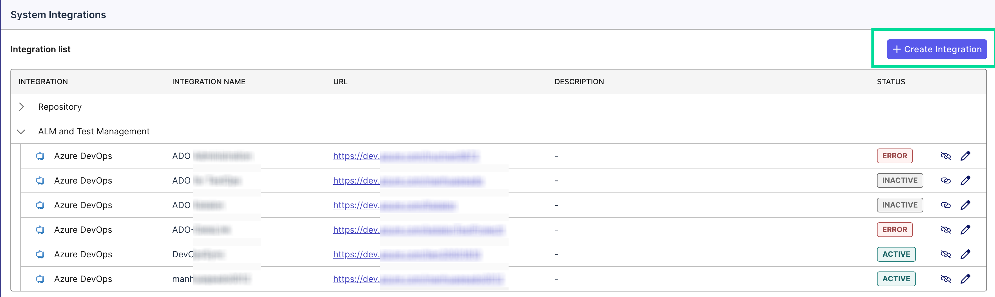 The System Integrations page in Katalon TestOps with Create Integration highlighted.